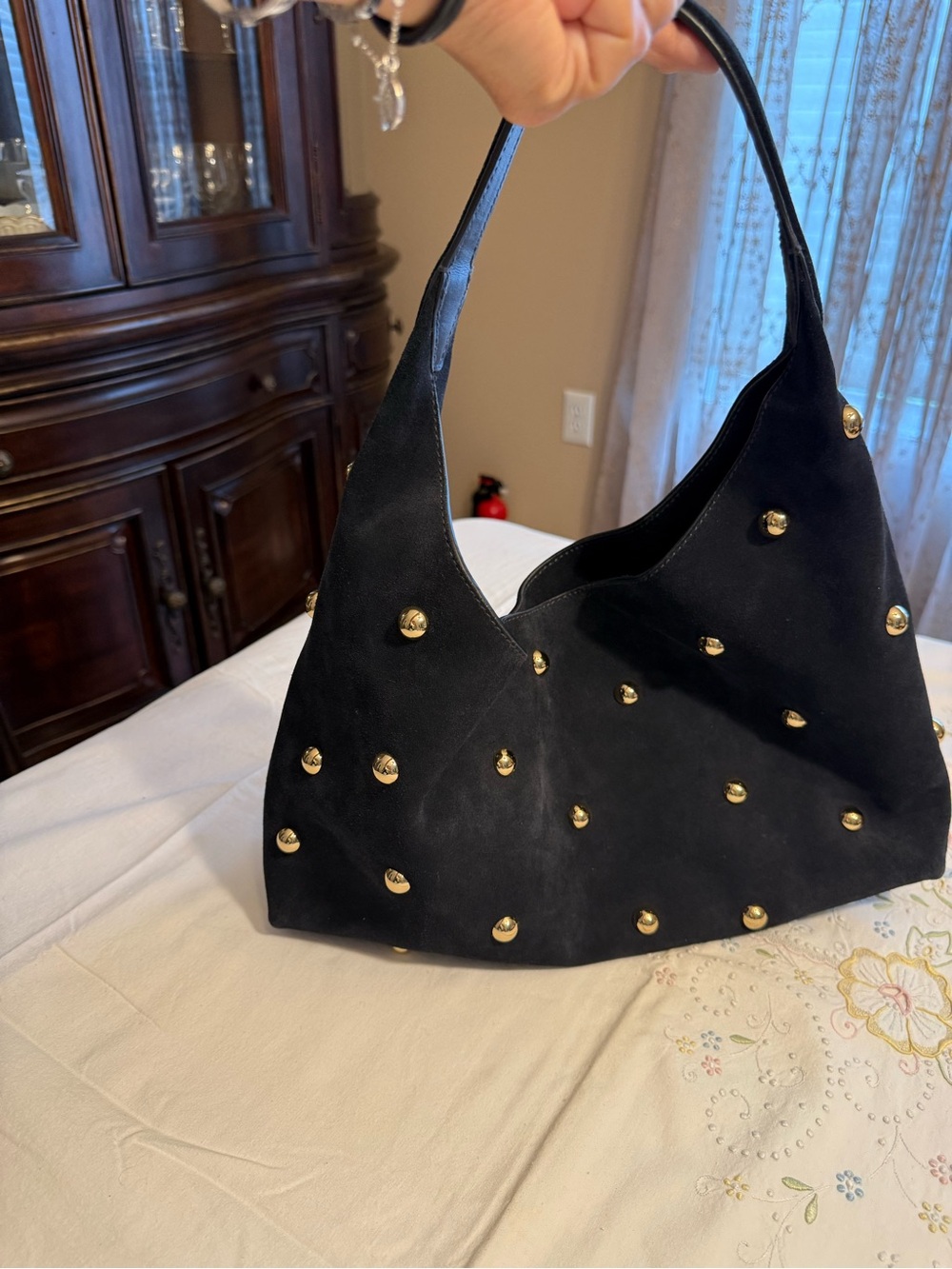 Madewell Black Suede Shoulder Bag with Gold Studs